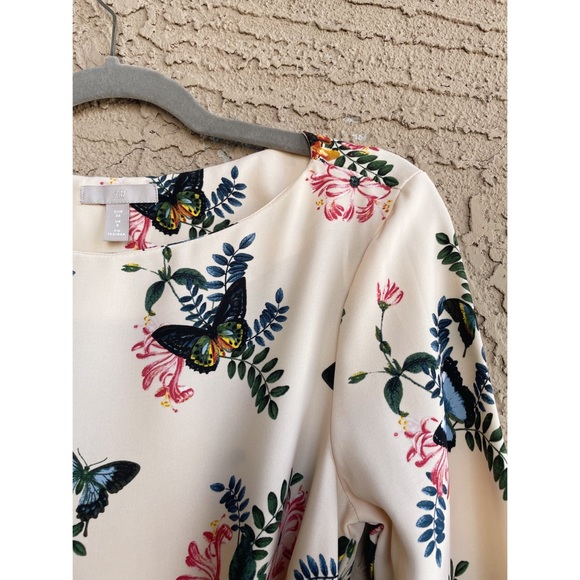 H&M Cream Blue & Pink Butterfly Floral Printed 3/4 Sleeve Belted Boatneck Dress - Picture 11 of 17